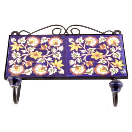 Navy Blue White Floral Tiles Hooks